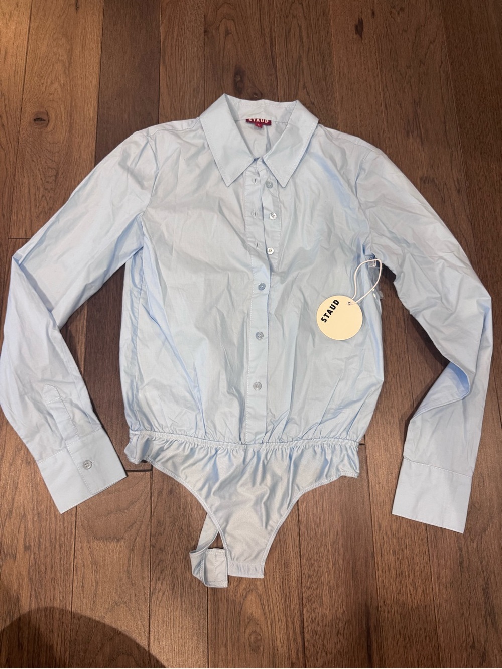 STAUD Light Blue One-Piece Button-Front Bodysuit 100% Cotton